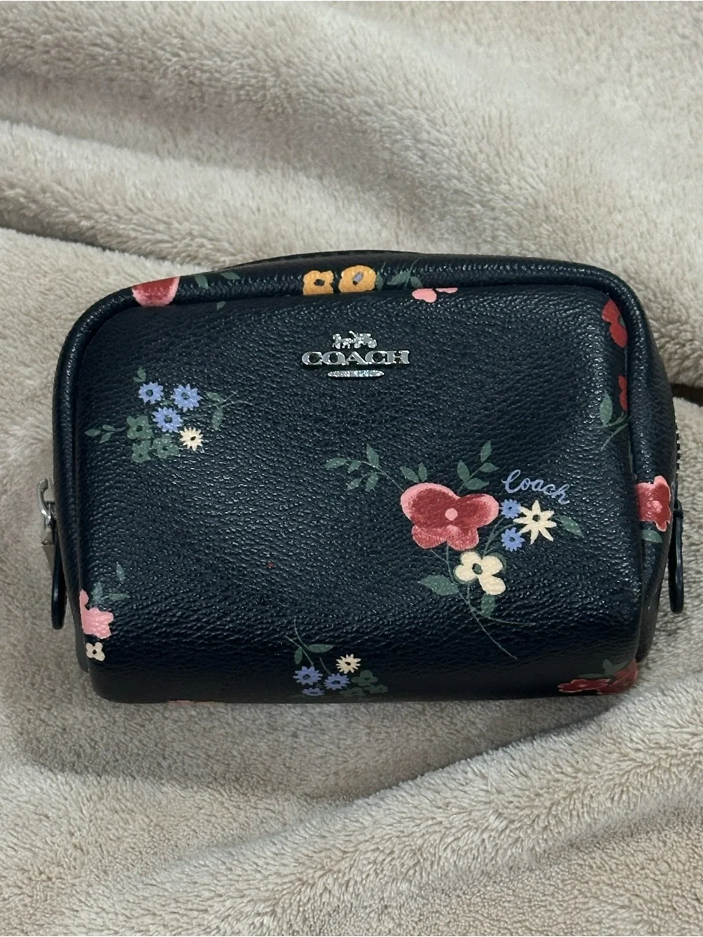 COACH Black Floral Leather Cosmetic Case with Multicolor Blooms